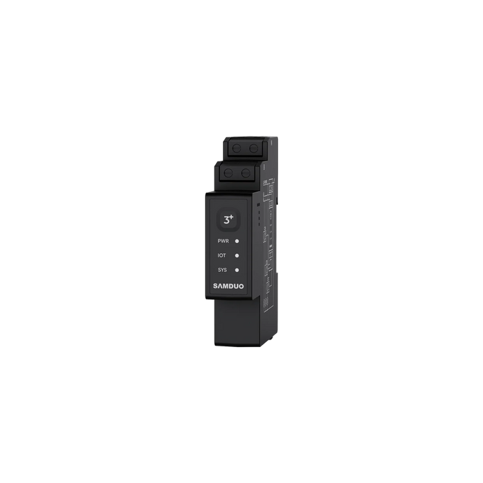 SAMDUO Smart Meter, compteur de mesure pour batterie domestique, vue de face avec voyants PWR, IOT et SYS